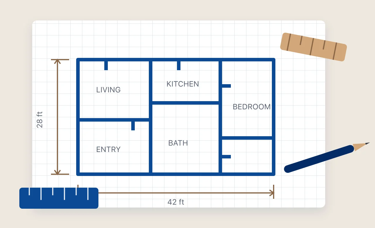 Measured residential floor plan with room labels, dimension lines, ruler, and pencil
