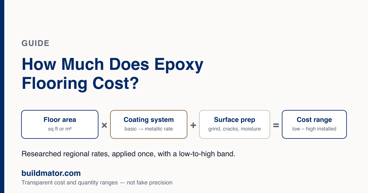 How the epoxy flooring cost estimate is built: floor area multiplied by the coating-system rate, plus surface preparation, equals a low-to-high installed cost range.